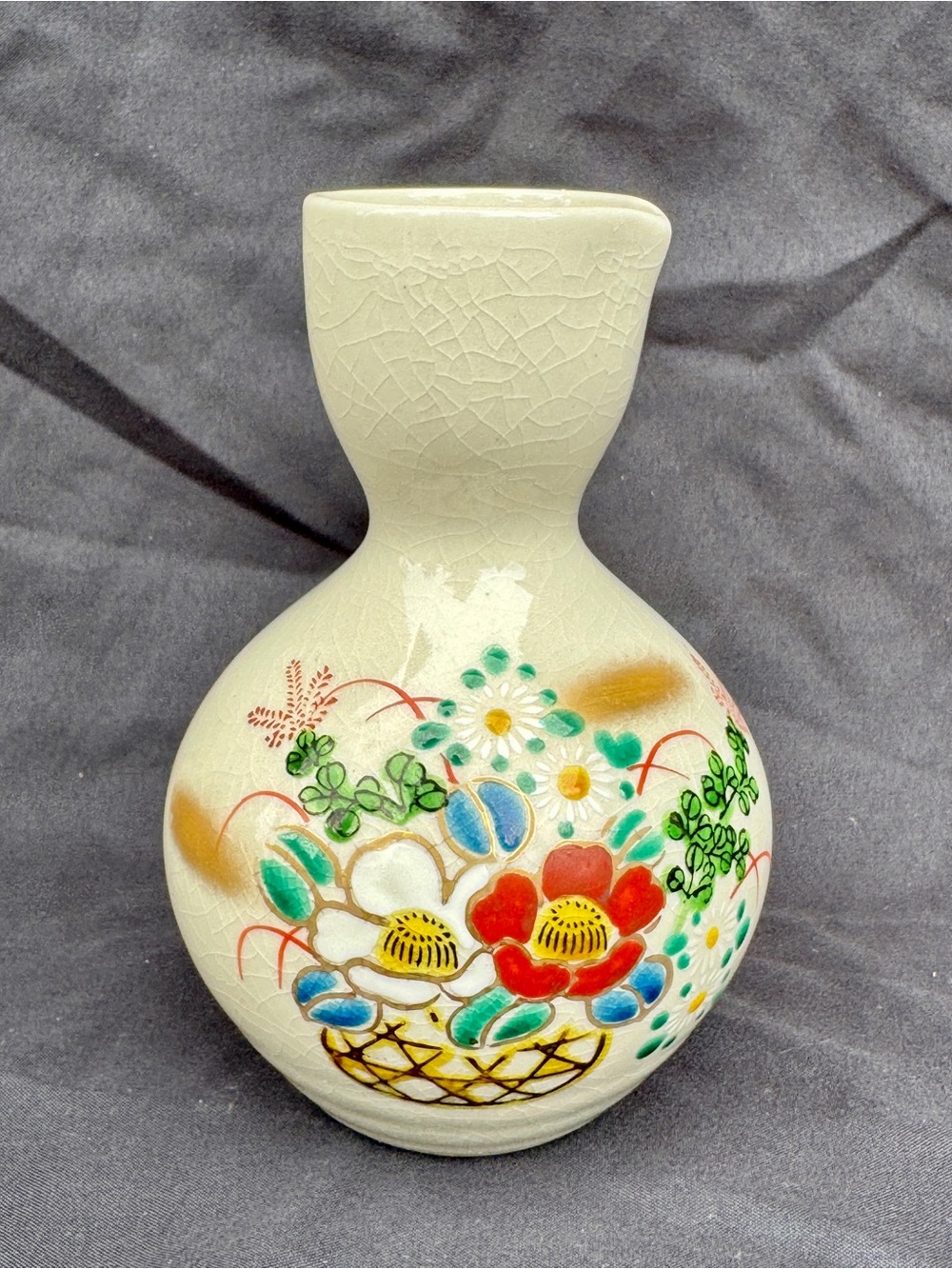 Vintage Kutani Crackle Glaze Sake Decanter Bottle - Hand-Painted Flowers